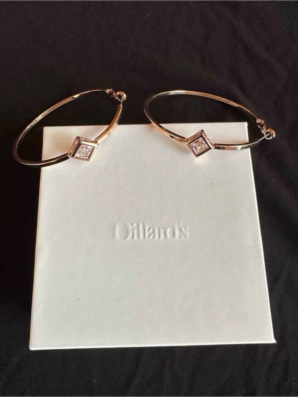 Rose Gold Hoop Earrings with Square Crystal Accents